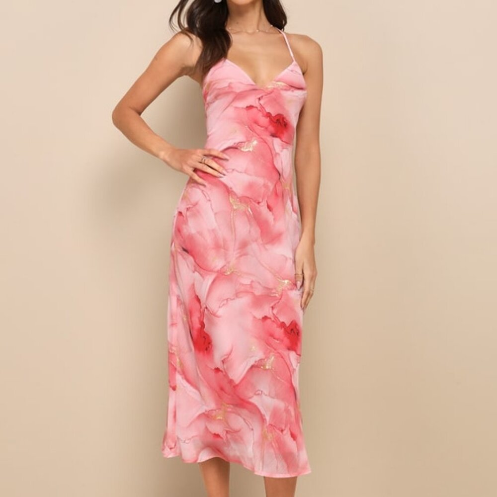 Lulus Bright Charm Pink Abstract Print Chiffon Slip Midi Dress - Size M